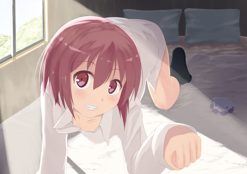 all_fours arm_up bed blush breasts dress_shirt grin medium_breasts momo_no_kanzume original paw_pose pillow red_eyes red_hair shirt short_hair smile solo