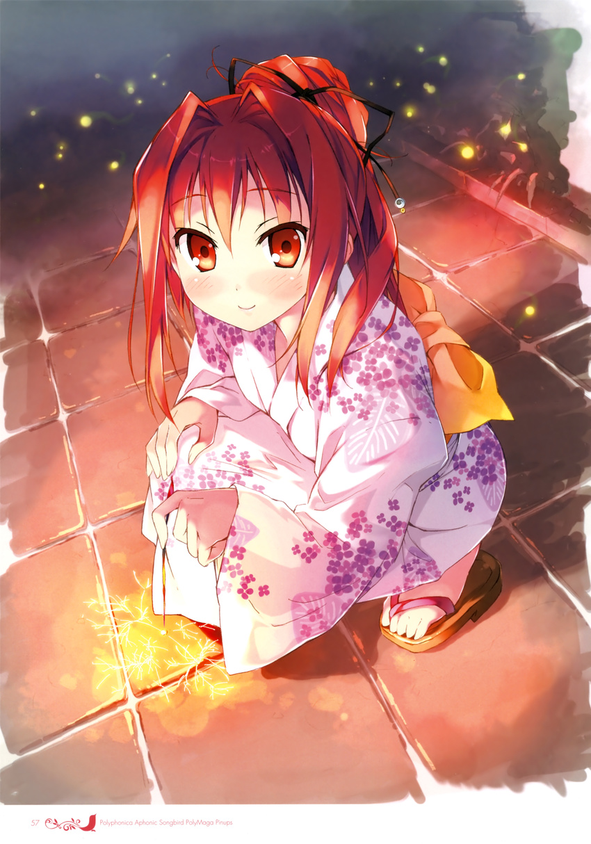 1girl absurdres blush corticarte_apa_lagranges feet firefly fireworks from_above hair_intakes highres japanese_clothes kantoku kimono looking_at_viewer looking_up obi red_eyes red_hair sandals sash scan senkou_hanabi shinkyoku_soukai_polyphonica shinkyoku_soukai_polyphonica_aphonic_songbird smile solo sparkler squatting yukata