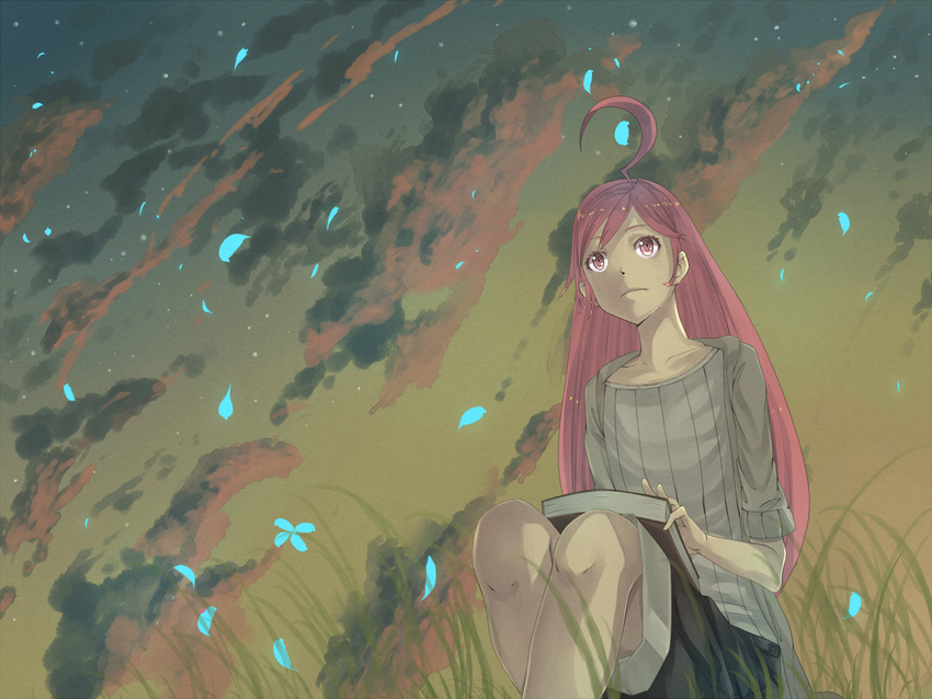ahoge bad_id bad_pixiv_id book casual cloud dusk expressionless field flower grass lap long_hair petals pink_eyes pink_hair sf-a2_miki sitting sky solo star_(sky) tomaeda_(bravered) vocaloid