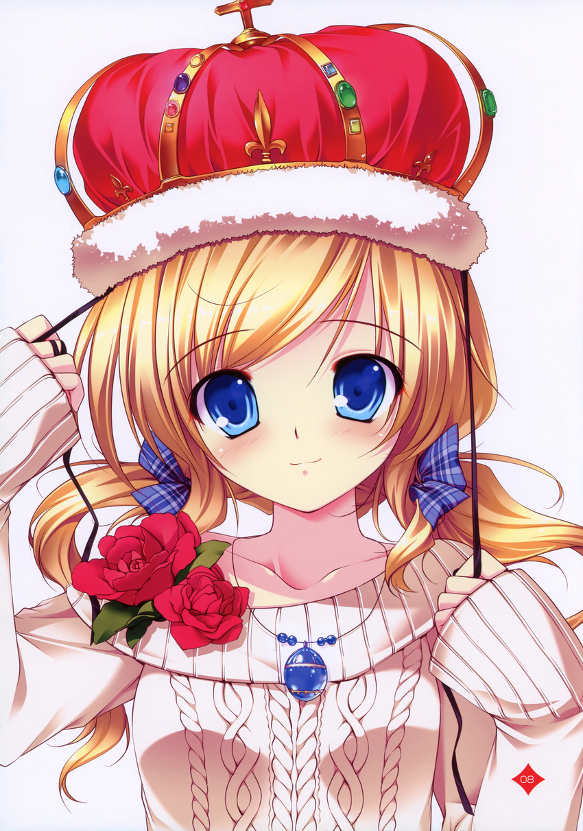 absurdres blonde_hair blue_eyes bow collarbone crown flower gem hair_bow hat highres huge_filesize jewelry long_hair looking_at_viewer mikeou necklace original pendant shiny shiny_hair simple_background smile solo sweater tareme twintails upper_body