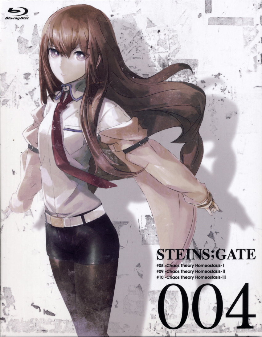 absurdres belt black_legwear blue_eyes brown_hair cover dvd_cover highres huke jacket legwear_under_shorts long_hair makise_kurisu necktie official_art open_mouth outstretched_arms pantyhose scan shorts solo spread_arms steins;gate