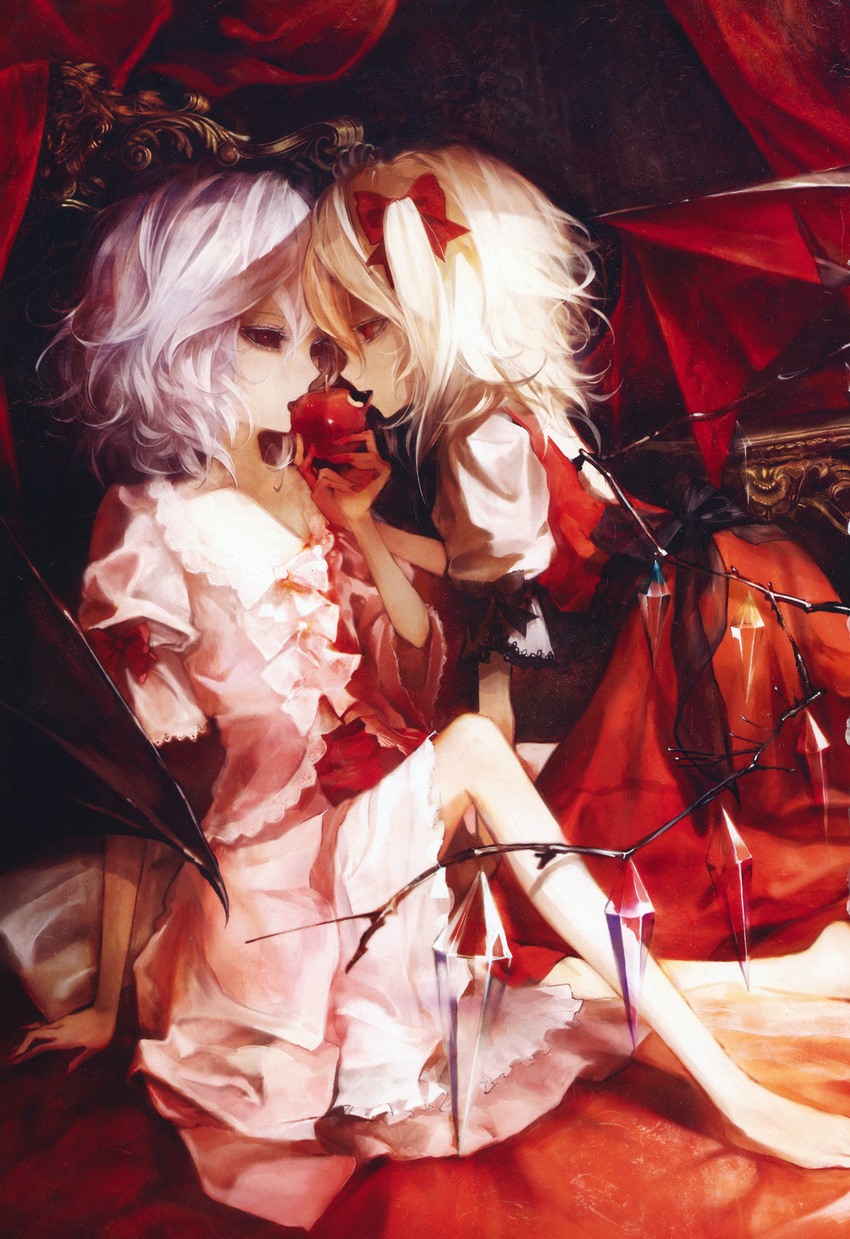 apple arm_support banpai_akira bare_legs barefoot bat_wings blonde_hair crystal face-to-face feet flandre_scarlet food fruit highres incest multiple_girls no_hat no_headwear non-web_source remilia_scarlet scan shared_food short_hair siblings side_ponytail sisters sitting tongue touhou vampire white_hair wings yuri