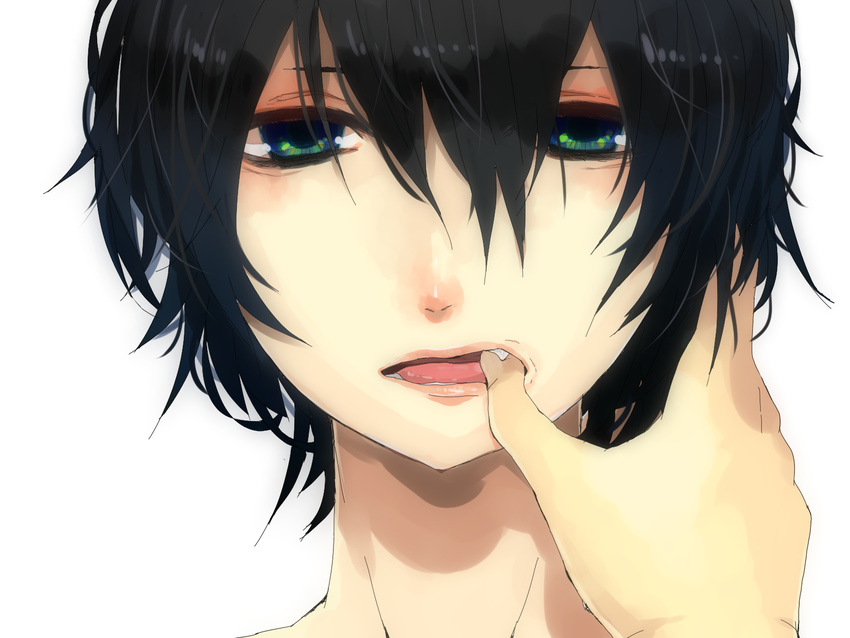 bad_id black_hair fang frown green_eyes highres male male_focus open_mouth original short_hair