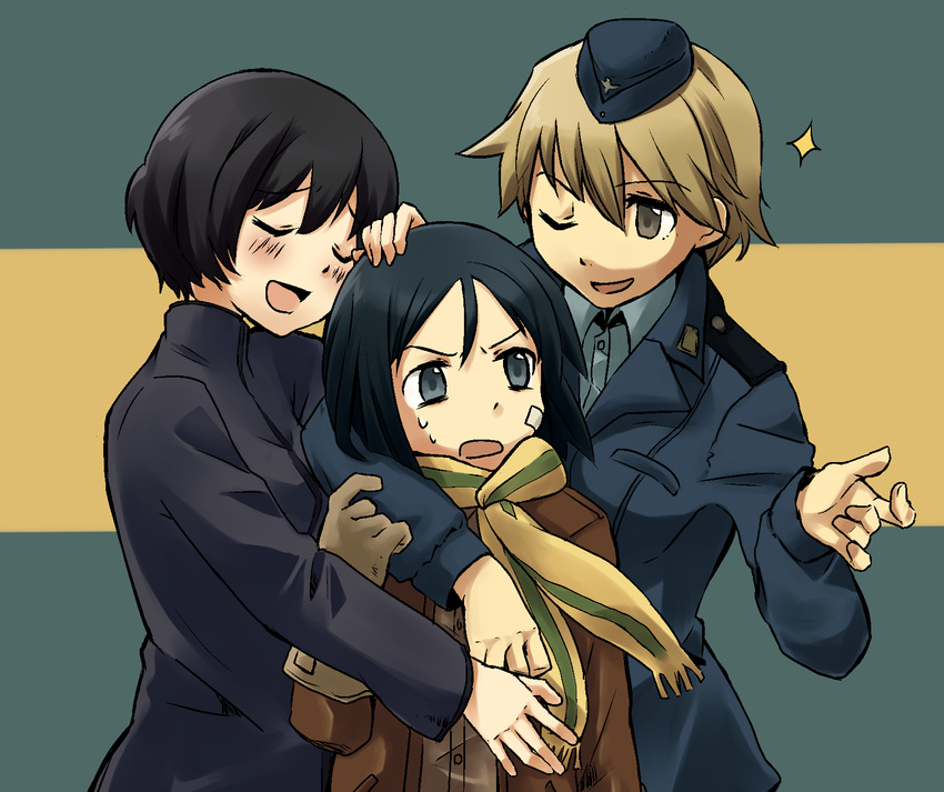 black_hair blush brave_witches brown_hair closed_eyes girl_sandwich gloves hand_on_shoulder highres hug hug_from_behind kanno_naoe kinosaki_(green_patio) military military_uniform multiple_girls open_mouth sandwiched scarf shimohara_sadako short_hair smile striped striped_scarf sweatdrop uniform waltrud_krupinski world_witches_series