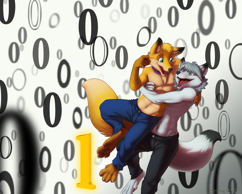 1 arctic_fox blue_eyes canine chest_tuft clothed clothing collar duo ears fox fur green_eyes hair head_tuft hindpaw hug jeans male mammal navel pants paws sefeiren tail teeth tongue topless tuft