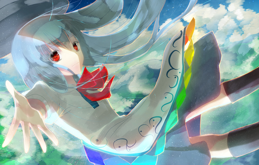 bad_id bad_pixiv_id blue_hair chirosuke cloud dress falling hat hat_removed headwear_removed highres hinanawi_tenshi long_hair outstretched_arm red_eyes sky smile solo touhou