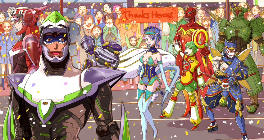 6+girls antonio_lopez bare_shoulders barnaby_brooks_jr blue_eyes blue_hair blue_rose_(tiger_&amp;_bunny) boots breasts brown_hair cape chinese_clothes detached_sleeves dragon_kid drill earrings elbow_gloves everyone fire_emblem_(tiger_&amp;_bunny) geta gloves green_eyes green_hair hat helmet horns huang_baoling ivan_karelin jetpack jewelry kaburagi_t_kotetsu karina_lyle keith_goodman lipstick makeup mask medium_breasts multiple_boys multiple_girls nathan_seymour nazu0925 origami_cyclone parade power_armor rock_bison scarf_girl_(tiger_&amp;_bunny) shoes short_hair shuriken sky_high spandex superhero thigh_boots thighhighs tiger_&amp;_bunny wild_tiger