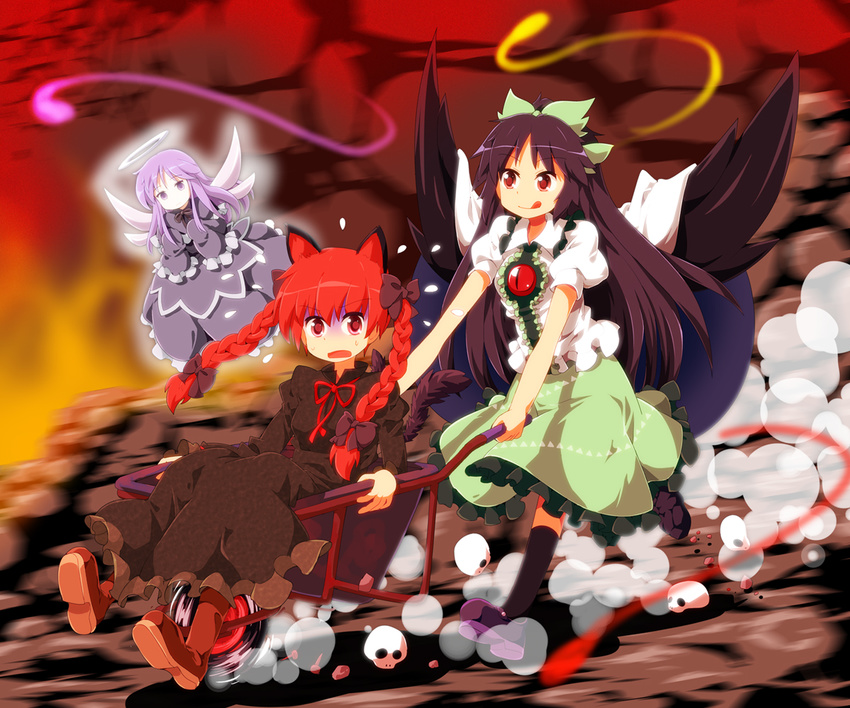:p animal_ears black_hair boots bow braid cape carrying cat_ears cat_tail dress frilled_skirt frills green_skirt hair_bow kaenbyou_rin long_hair medium_skirt mismatched_footwear multiple_girls multiple_tails open_mouth red_eyes red_hair reiuji_utsuho role_reversal running ruu_(tksymkw) scared skirt skull smile sweatdrop tail third_eye tongue tongue_out touhou twin_braids wheelbarrow wings zombie_fairy