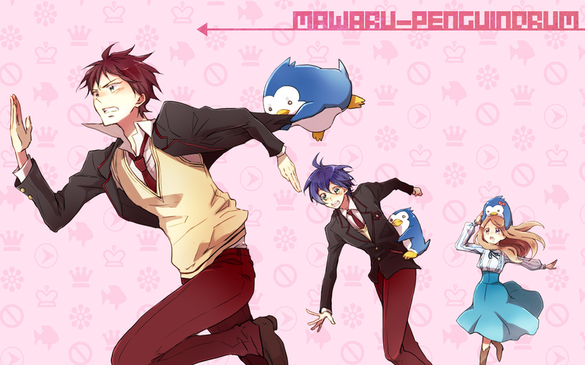 2boys aikawa_(corokera) bad_id bad_pixiv_id bird blue_hair brown_hair copyright_name family green_eyes long_hair mawaru_penguindrum multiple_boys necktie open_mouth penguin penguin_1-gou penguin_2-gou penguin_3-gou purple_eyes running school_uniform short_hair siblings takakura_himari takakura_kanba takakura_shouma