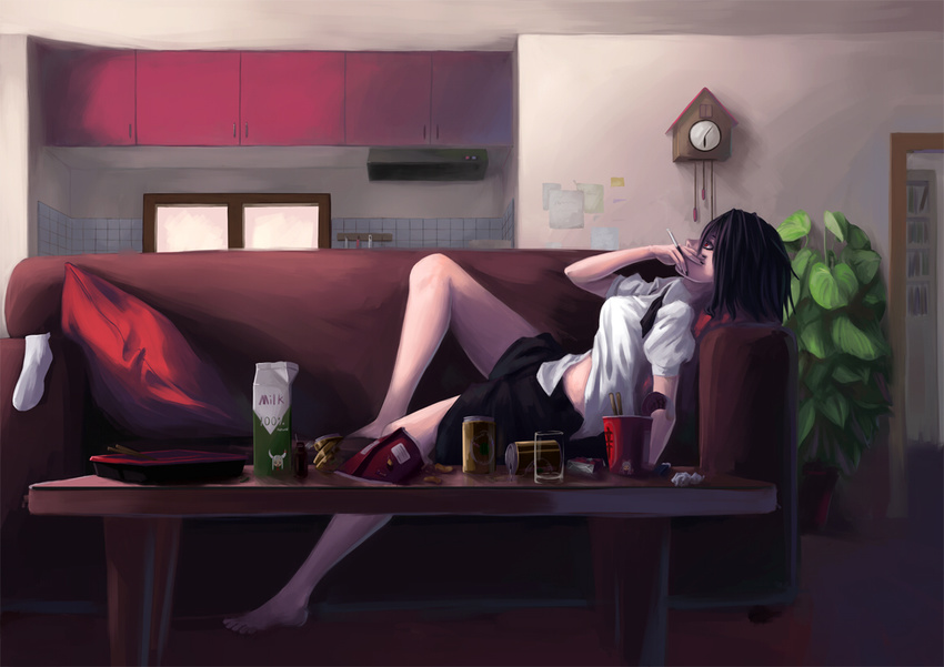 bad_id bad_pixiv_id barefoot black_hair black_skirt book bookshelf bow cabinet can chips chopsticks cigarette cigarette_box clock couch cup_ramen cushion dress_shirt expressionless eyeliner food fujiwara_no_mokou glass hair_bow horns ibuki_suika indoors kamishirasawa_keine lighter looking_away lying makeup milk_carton miniskirt nail_polish on_back open_clothes open_shirt plant pot potted_plant reclining red_eyes ribbon room shameimaru_aya shelf shirt short_hair skirt smoking socks solo table tiles touhou trash window wingedleek