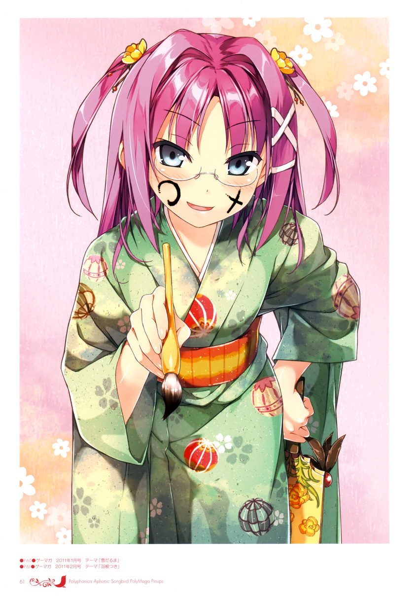 1girl absurdres blue_eyes blush brush calligraphy_brush character_request face_painting furisode glasses hagoita hair_intakes hair_ornament hand_on_hip hanetsuki highres hips japanese_clothes kantoku kimono leaning_forward long_hair new_year obi orange_hair paddle paintbrush purple_hair sasao_mazel sash shinkyoku_soukai_polyphonica shinkyoku_soukai_polyphonica_aphonic_songbird smile solo twintails yukata