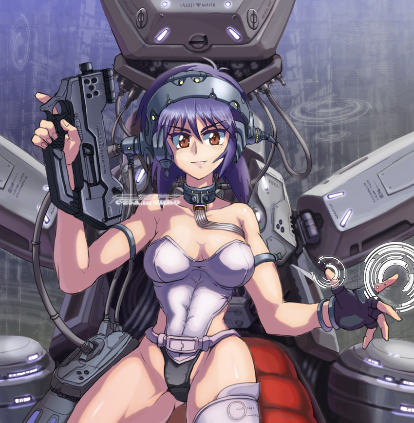 bare_shoulders bob_cut bracelet brown_eyes cable cockpit collar cyberpunk cyborg fingerless_gloves ghost_in_the_shell ghost_in_the_shell_stand_alone_complex gloves gun hairband headphones highres jewelry kusanagi_motoko leotard purple_hair science_fiction short_hair solo submachine_gun thighhighs weapon yuusuke_(5yusuke3)