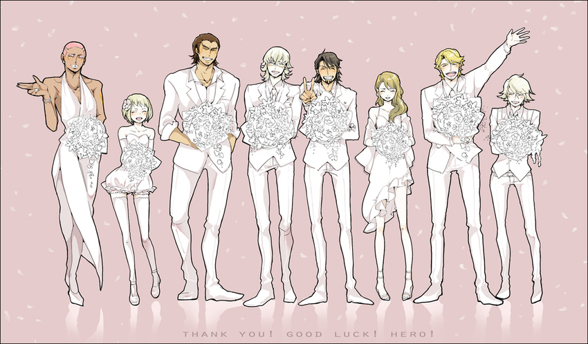 6+boys antonio_lopez bad_id bad_pixiv_id barnaby_brooks_jr black_hair blonde_hair blush bouquet brown_hair closed_eyes dress everyone facial_hair flower formal glasses hair_flower hair_ornament huang_baoling ivan_karelin kaburagi_t_kotetsu karina_lyle keith_goodman lineup multiple_boys multiple_girls nathan_seymour petals picori sleeveless sleeveless_dress smile stubble suit tiger_&amp;_bunny white