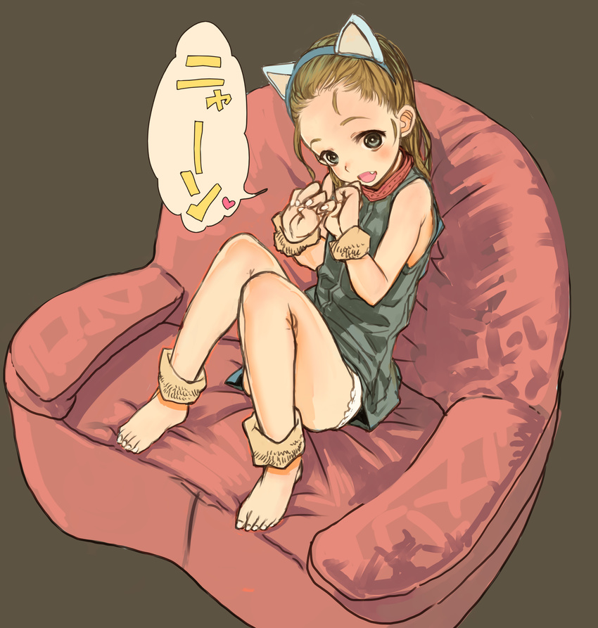 animal_ears ankle_cuffs bad_id bad_pixiv_id bare_shoulders barefoot blonde_hair blue_eyes blush cat_ears cat_tail chair child collar dress easy_chair fang feet flat_chest from_above full_body grey_eyes haguhagu_(rinjuu_circus) highres knees_up legs long_hair looking_at_viewer open_mouth original paw_pose sitting sketch smile solo tail translated wrist_cuffs younger