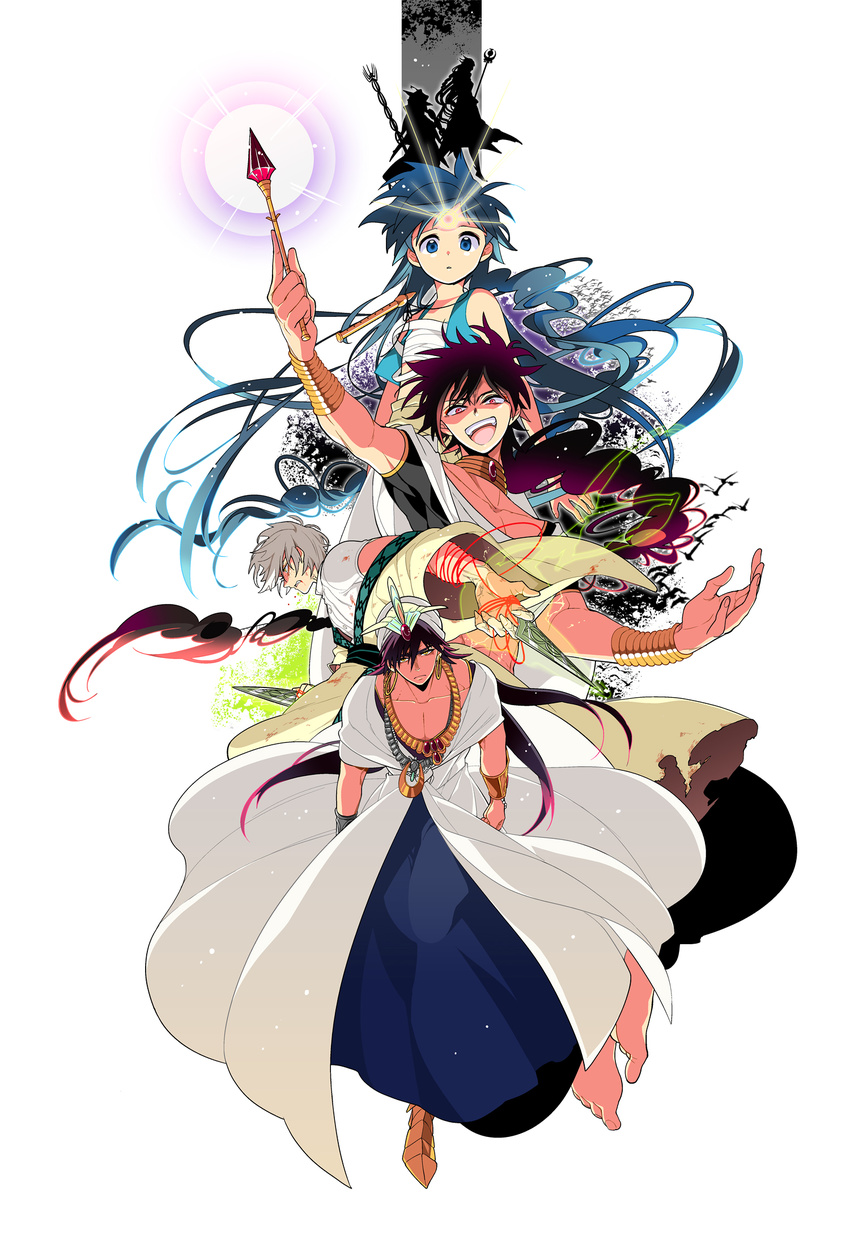 aladdin_(magi) bad_id bad_pixiv_id black_hair blue_eyes blue_hair braid dalc_rose earrings flute highres instrument ja'far jewelry judal long_hair magi_the_labyrinth_of_magic male_focus midriff multiple_boys red_eyes red_string sinbad_(magi) single_braid string very_long_hair wand white_hair yellow_eyes