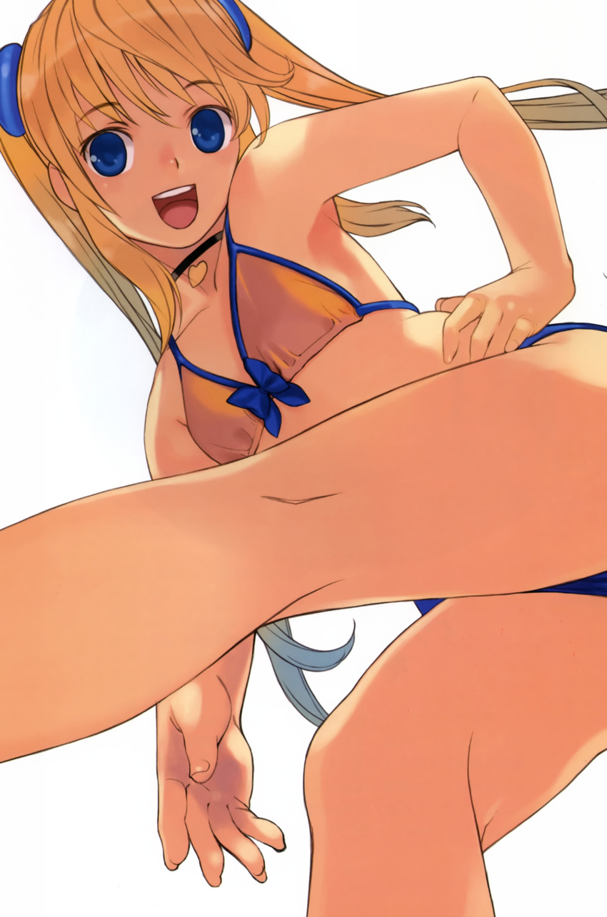 absurdres bare_shoulders bikini blonde_hair blue_eyes choker flat_chest from_below hair_ornament hand_on_hip hands heart highres long_hair looking_down mibu_natsuki open_mouth original smile solo swimsuit twintails