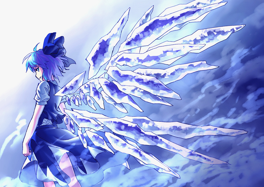 blew_andwhite blue_eyes blue_hair blue_skirt bow cirno dress_shirt fairy from_behind hair_bow ice ice_wings looking_back medium_skirt print_skirt shirt short_hair skirt smile solo touhou wings