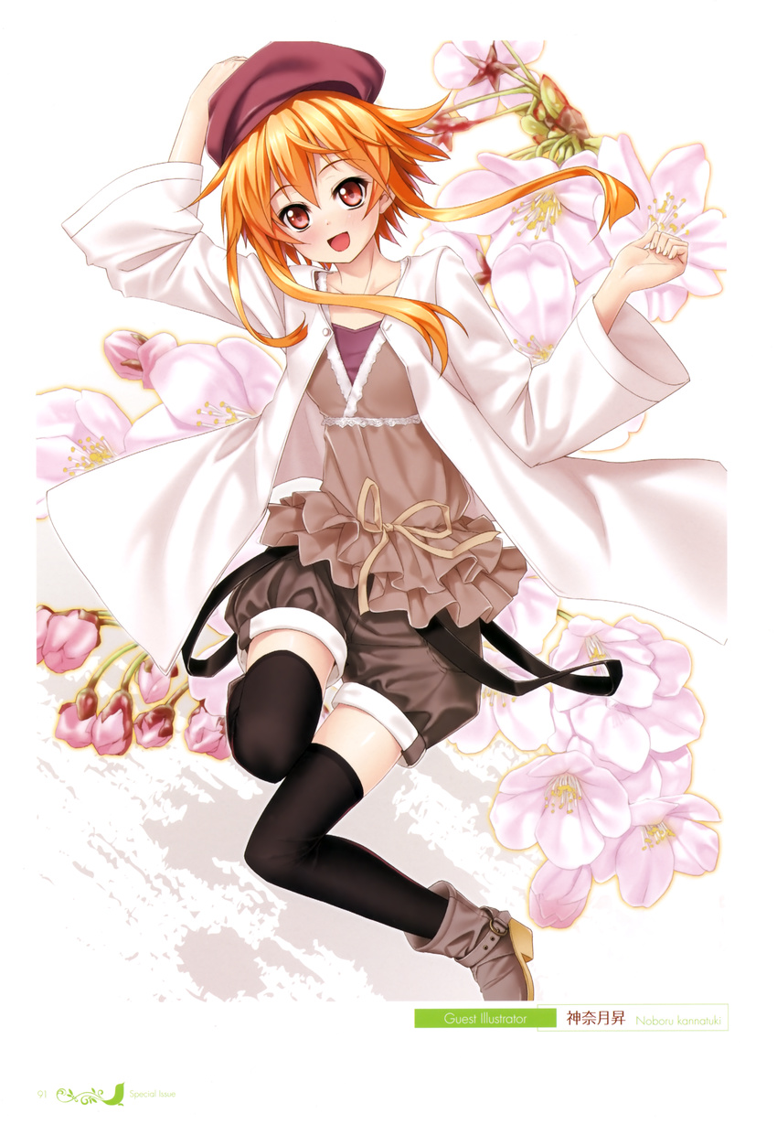 :d absurdres arm_up artist_name black_legwear blouse boots flower hat head_tilt highres jacket kannatsuki_noboru kogamura_uril looking_at_viewer open_mouth orange_eyes orange_hair ribbon shinkyoku_soukai_polyphonica shinkyoku_soukai_polyphonica_aphonic_songbird smile solo thighhighs