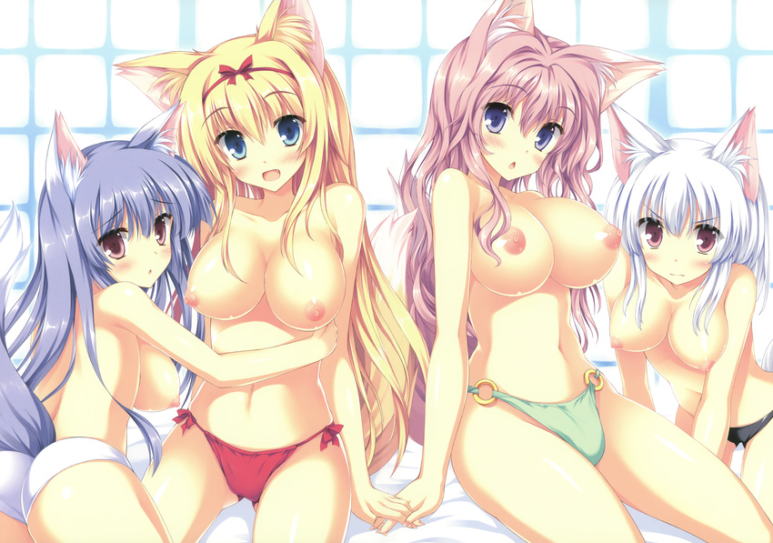 animal_ears bikini blonde_hair blue_eyes blue_hair blush breasts fang foxgirl long_hair nipples original pink_eyes purple_eyes swimsuit tail tateha topless white_hair