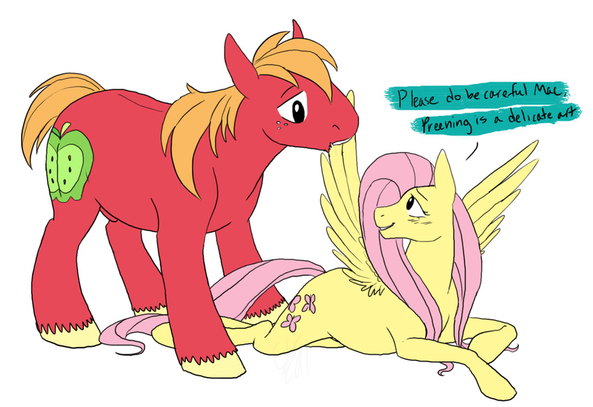 blonde_hair cartoonlion cutie_mark english_text equine female feral fluttershy_(mlp) friendship_is_magic hair horse male mammal my_little_pony pegasus pink_hair pony preening text wings