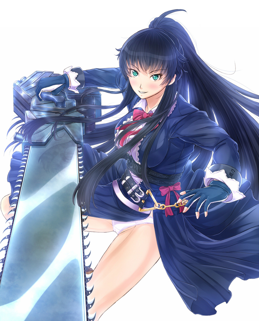 aqua_eyes belt black_hair blush bow chain chainsaw foreshortening gloves grin highres huge_weapon kazeno long_hair looking_at_viewer oneechanbara panties pantyshot ponytail saaya_(oneechanbara) side_slit simple_background smile solo underwear weapon white_panties