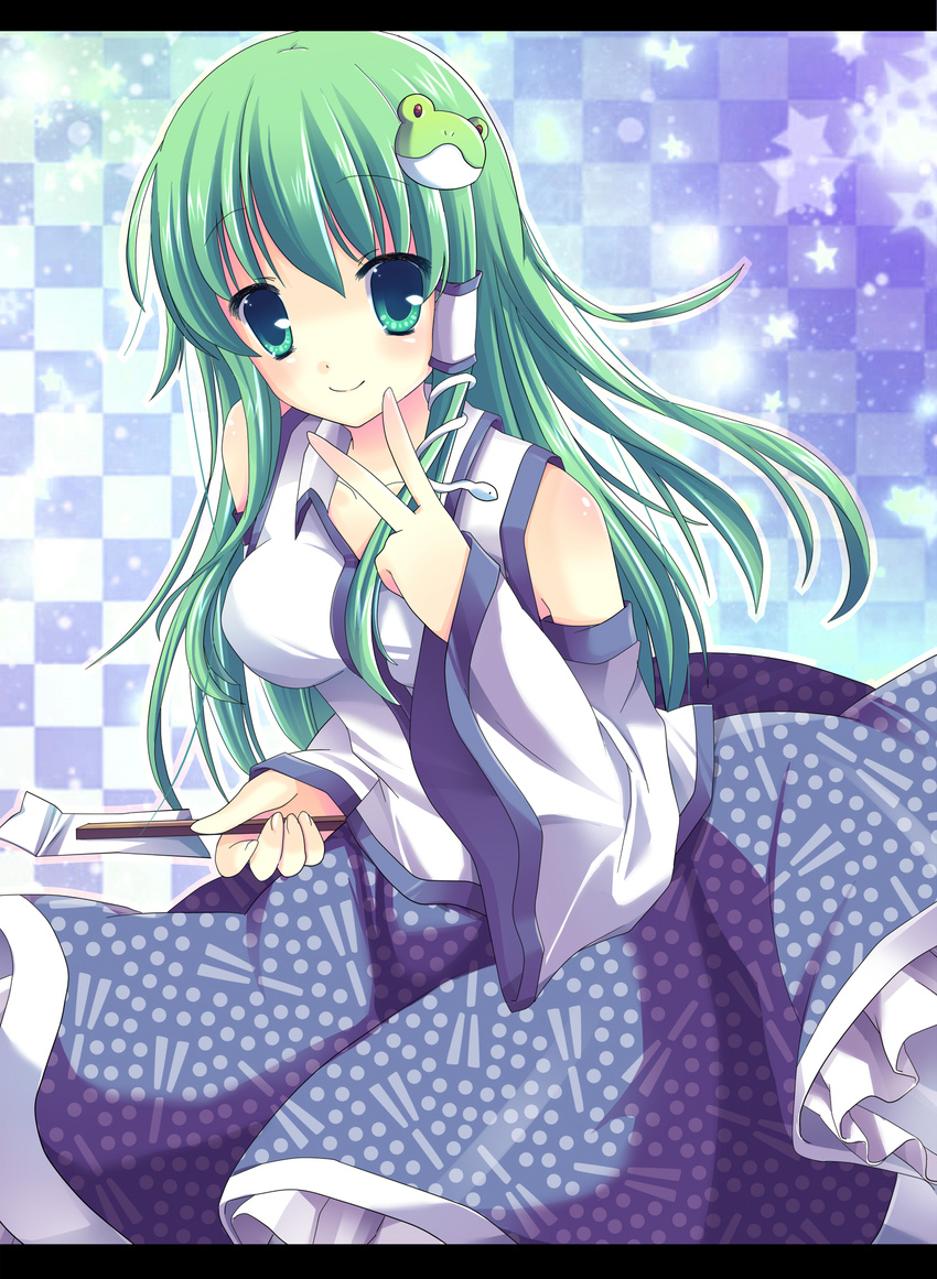 bad_id bad_pixiv_id checkered checkered_background detached_sleeves dress frog gohei green_eyes green_hair hair_ornament highres kochiya_sanae letterboxed long_hair muku_(apupop) smile snake solo touhou