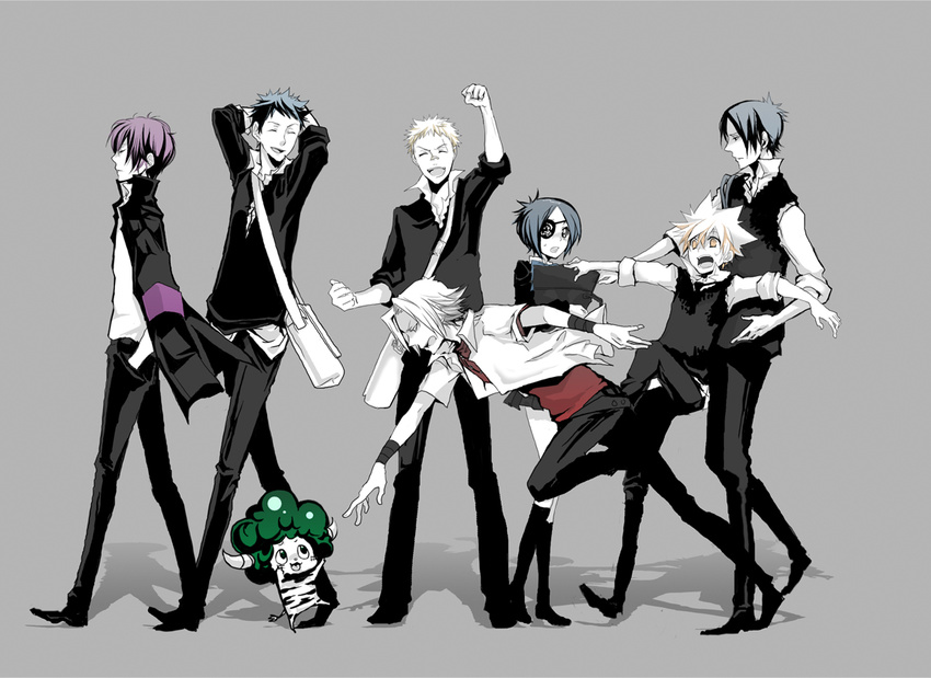 6+boys annotated armband bag black_skirt chrome_dokuro everyone eyepatch gokudera_hayato hibari_kyouya ichiyoshi katekyo_hitman_reborn! lambo miniskirt multiple_boys pleated_skirt rokudou_mukuro sasagawa_ryohei sawada_tsunayoshi school_uniform short_hair skirt yamamoto_takeshi