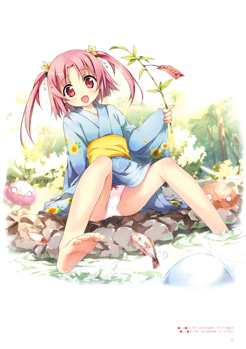 1girl absurdres barefoot blush bow bow_panties feet fish floral_print flower hair_flower hair_ornament highres japanese_clothes jumping kantoku kimono open_mouth panties pantyshot pantyshot_(sitting) petite pink_eyes pink_hair shinkyoku_soukai_polyphonica shinkyoku_soukai_polyphonica_aphonic_songbird sitting solo spread_legs twintails underwear yukata