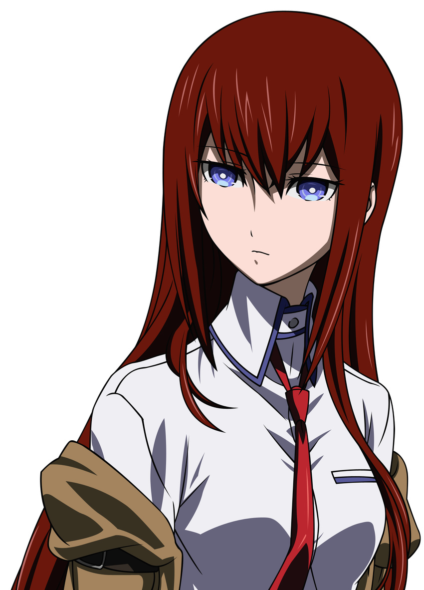 1girl absurdres bangs belt brown_hair bust coat dress_shirt expressionless face female hair_between_eyes highres long_hair long_image looking_at_viewer makise_kurisu necktie off_shoulder open_clothes open_coat purple_eyes shirt simple_background solo steins;gate tall_image transparent_background transparent_png trench_coat turtleneck upper_body vector_trace white_shirt