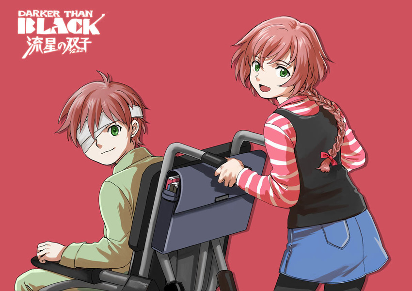 1girl bad_id bad_pixiv_id bandage_over_one_eye bandages black_legwear braid brother_and_sister darker_than_black green_eyes pantyhose red_background red_hair shion_pavlichenko siblings simple_background single_braid suou_pavlichenko twins uisckey wheelchair