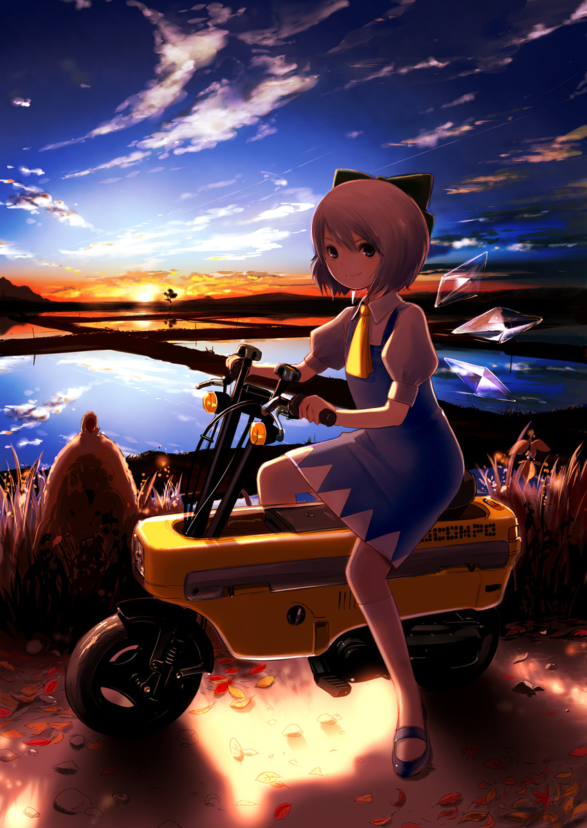 blue_dress blue_eyes blue_hair bow cirno cloud dress dress_shirt field grass ground_vehicle hair_bow highres hosimo leaf looking_at_viewer mary_janes medium_dress motocompo motor_vehicle mountain necktie riding rock shirt shoes short_hair short_sleeves sitting sky smile socks solo sun sunset touhou tree wings