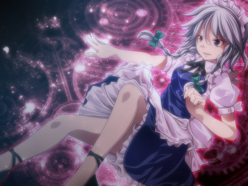 apron ascot bad_id bad_pixiv_id blue_skirt bow braid brown_eyes fighting_stance frills grey_hair hair_bow highres izayoi_sakuya magic_circle maid maid_headdress medium_skirt open_mouth outstretched_hand petticoat red_eyes ribbon s-syogo shoes short_hair skirt solo touhou twin_braids white_hair