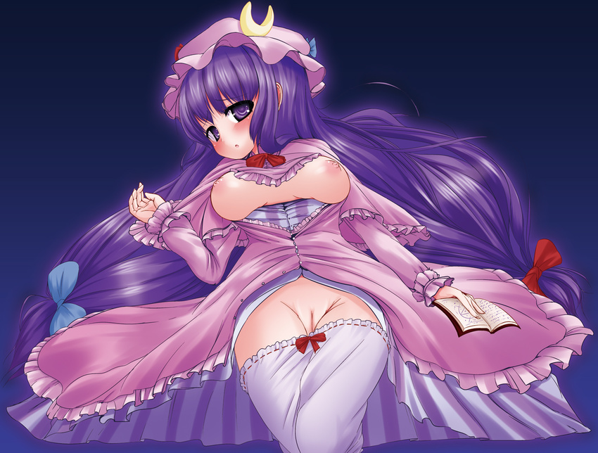 bloomers bloomers_pull blush book bow breasts colorized crescent frills fuzuki_kazuya groin hair_bow hat large_breasts long_hair lying nipples on_back open_mouth osatsu patchouli_knowledge purple_eyes purple_hair pussy solo touhou uncensored underwear very_long_hair