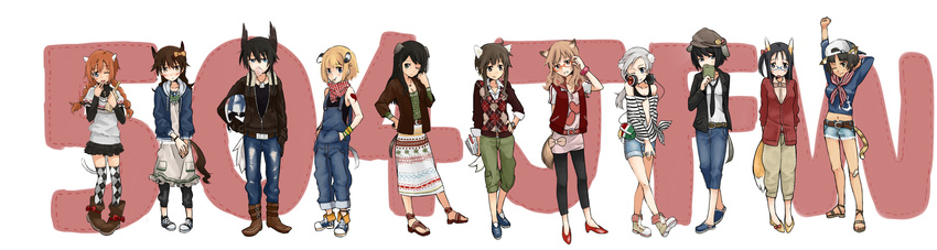 6+girls angela_salas_larrazabal animal_ears argyle argyle_legwear belt beret black_hair blonde_hair boots brown_hair bubble_blowing casual chewing_gum chikiso contemporary dominica_s_gentile earrings everyone federica_n_doglio fernandia_malvezzi glasses grey_hair hat headphones helmet highres jane_t_godfrey jewelry leggings luciana_mazzei martina_crespi multiple_girls nakajima_nishiki one_eye_closed orange_hair patricia_schade ribbon shoes sneakers strike_witches:_kurenai_no_majo-tachi suwa_amaki tail takei_junko thighhighs watch world_witches_series zettai_ryouiki