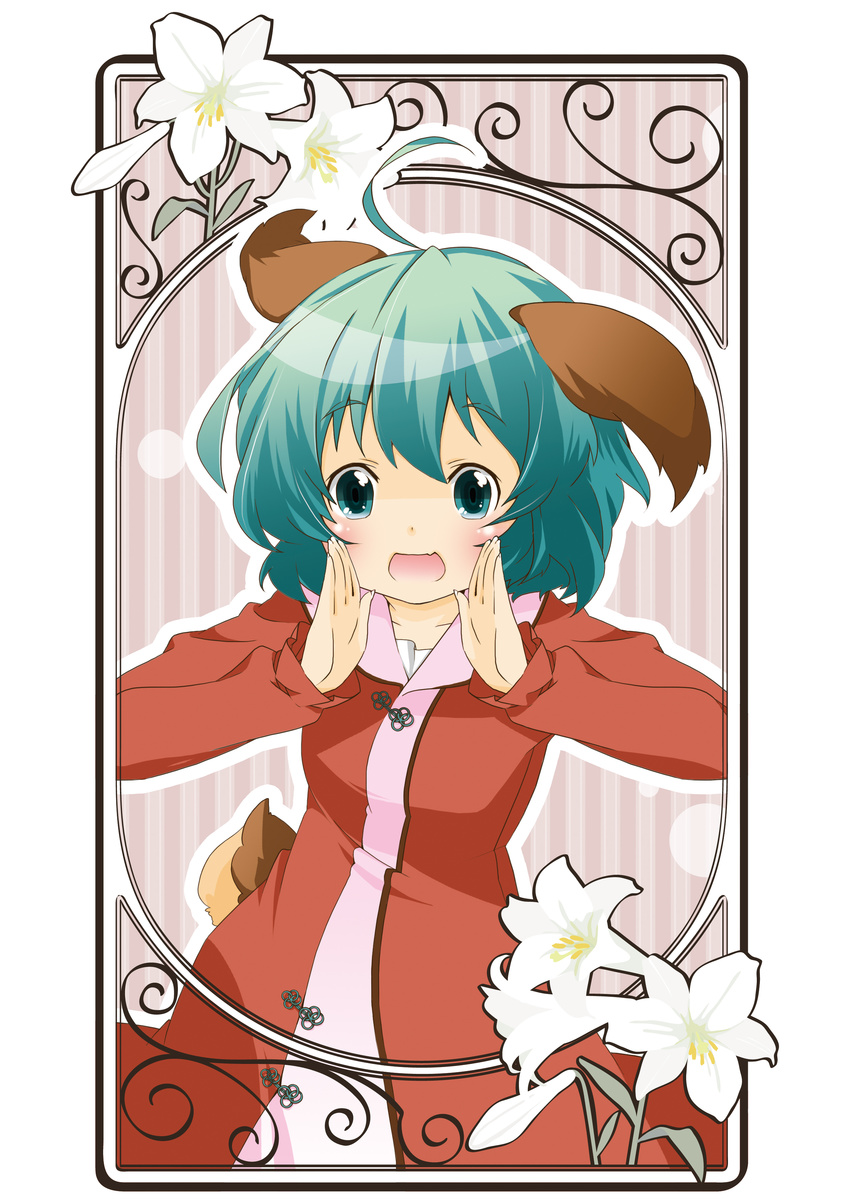 absurdres ahoge animal_ears bad_id bad_pixiv_id berry_jou dress fang flower green_eyes green_hair highres kasodani_kyouko open_mouth short_hair solo tail touhou