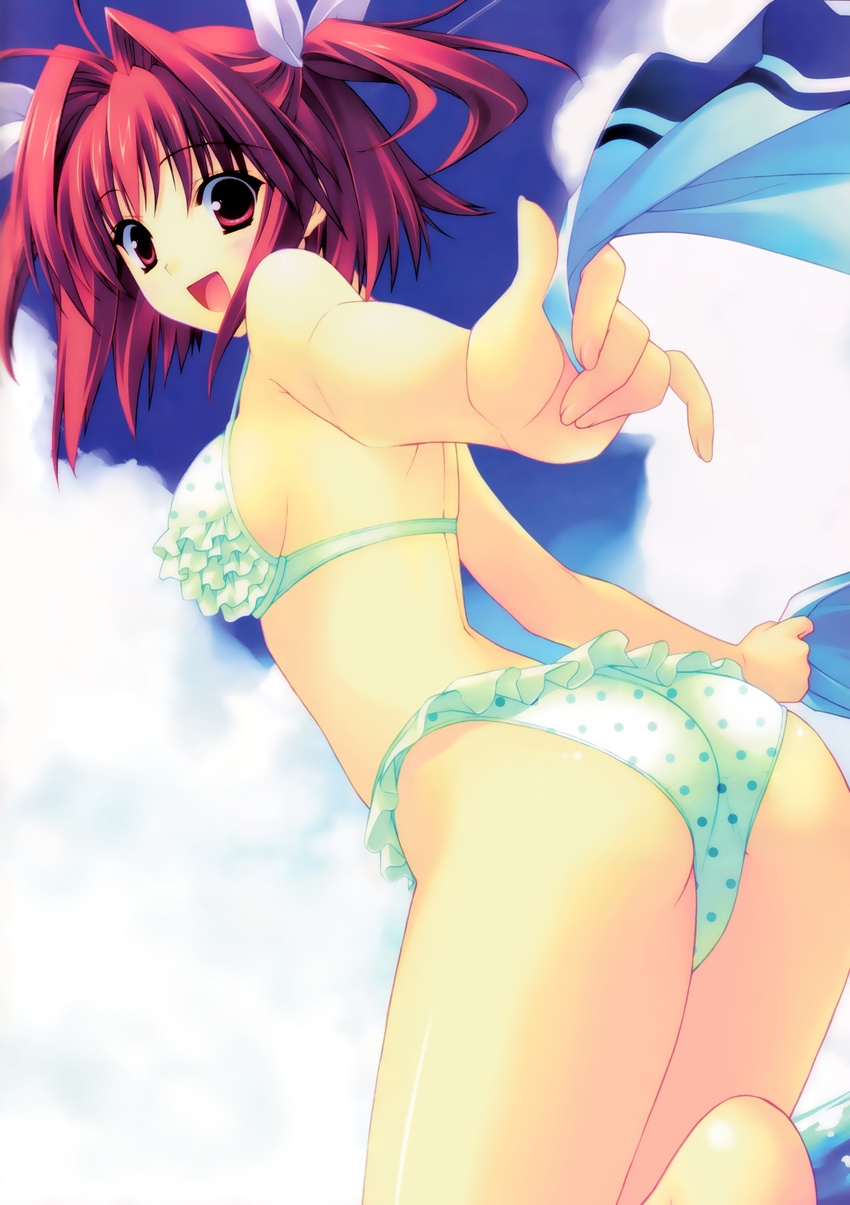 absurdres ass bikini breasts day frilled_bikini frills highres looking_back medium_breasts open_mouth polka_dot polka_dot_bikini polka_dot_swimsuit r_g_b red_eyes red_hair shiki_asahi short_hair short_twintails sky smile solo strap_gap suzuhira_hiro swimsuit twintails