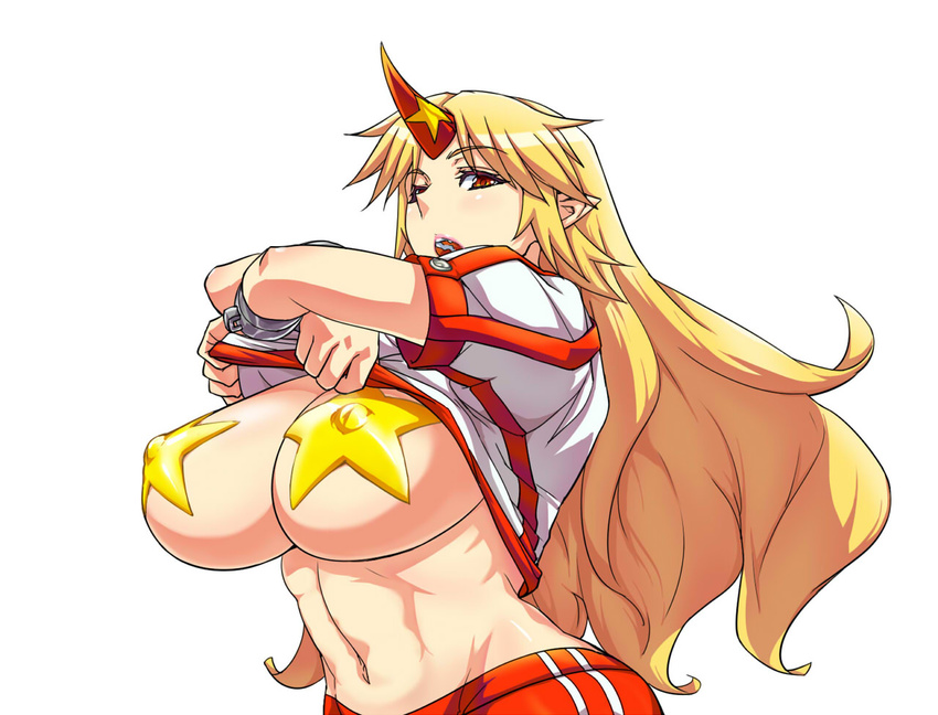 abs blonde_hair breasts covered_nipples crossed_arms horn horns hoshiguma_yuugi huge_breasts long_hair navel numahana open_mouth pasties red_eyes shirt_lift solo star_pasties touhou undressing upper_body very_long_hair