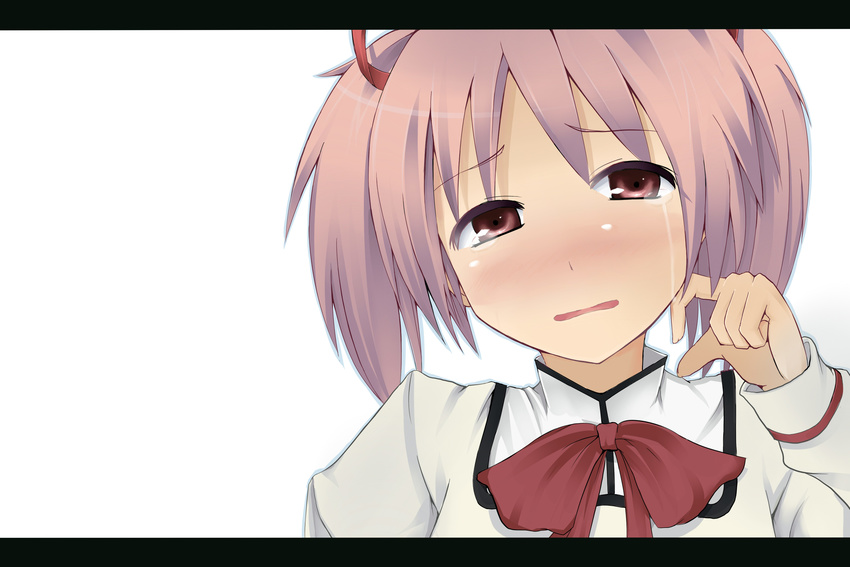blush bow crying crying_with_eyes_open face highres horayama kaname_madoka letterboxed looking_at_viewer mahou_shoujo_madoka_magica open_mouth pink_eyes pink_hair portrait school_uniform short_hair short_twintails simple_background solo tears twintails wiping_tears