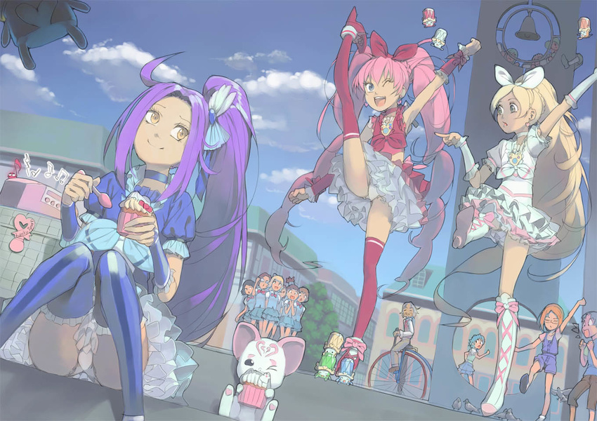 ;d akinbo_(hyouka_fuyou) baritone_(suite_precure) bassdrum bird blonde_hair blue_choker blue_eyes blue_footwear blue_legwear boots bow brooch cat choker classmate_with_glasses_(suite_precure) cloud cure_beat cure_melody cure_rhythm dory dress eyelashes fairy_tone falsetto_(suite_precure) fary frills gathers girl_with_brown_short_hair_(suite_precure) girl_with_hairclip_(suite_precure) girl_with_topknot_(suite_precure) hair_ornament hair_ribbon hairpin happy higashiyama_seika houjou_hibiki hummy_(suite_precure) jewelry knee_boots kurokawa_eren lary long_hair magical_girl minamino_kanade minamino_souta miry multiple_girls nishijima_waon one_eye_closed open_mouth panties pantyshot pantyshot_(sitting) pigeon pink_bow pink_hair pink_legwear ponytail precure purple_hair red_choker rery ribbon seiren_(suite_precure) shirabe_ako shirabe_otokichi shoes sitting sky smile sory standing standing_on_one_leg suite_precure thigh_boots thighhighs tiry twintails underwear white_choker wrist_cuffs yellow_eyes