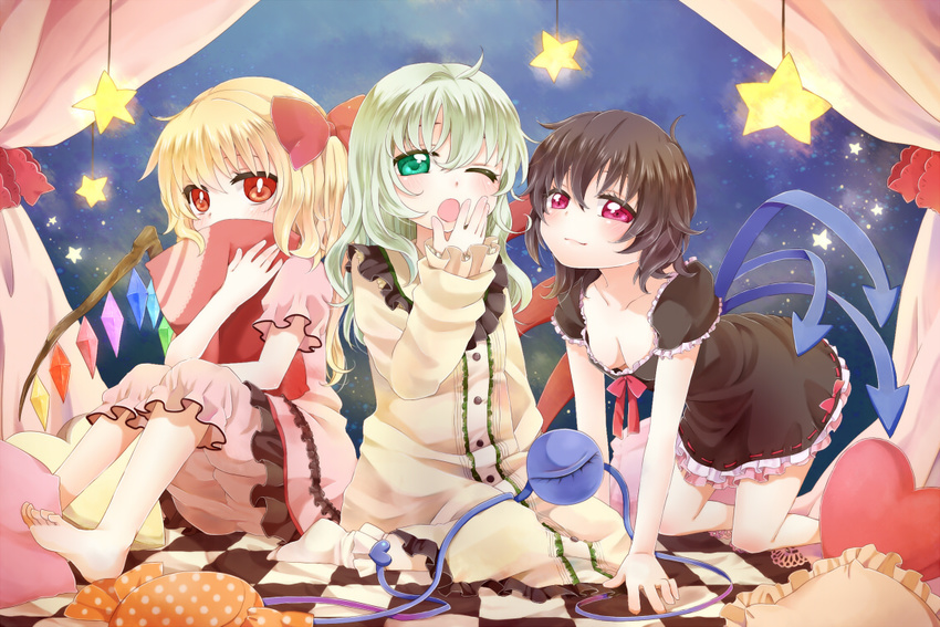adapted_costume all_fours alternate_costume bad_id bad_pixiv_id bare_legs barefoot bed black_hair blonde_hair blush breasts canopy_bed chikamichi_(ssssgirl) cleavage collarbone flandre_scarlet green_hair hanging_props houjuu_nue komeiji_koishi looking_at_viewer multiple_girls no_hat no_headwear pajamas pillow pillow_hug red_eyes short_hair small_breasts stage_connection third_eye touhou yawning