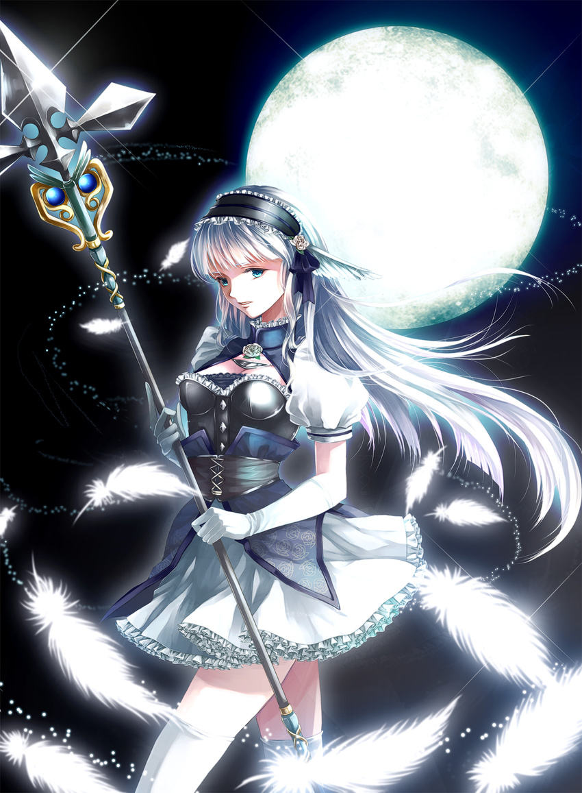 animal_ears awa_toka bangs blue_eyes breastplate bustier cleavage_cutout commentary_request feathers flower frilled_skirt frills full_moon gloves hairband headdress heart highres long_hair looking_at_viewer miniskirt moon original polearm shirt short_sleeves silver_hair skirt solo spear thighhighs weapon white_legwear white_skirt zettai_ryouiki