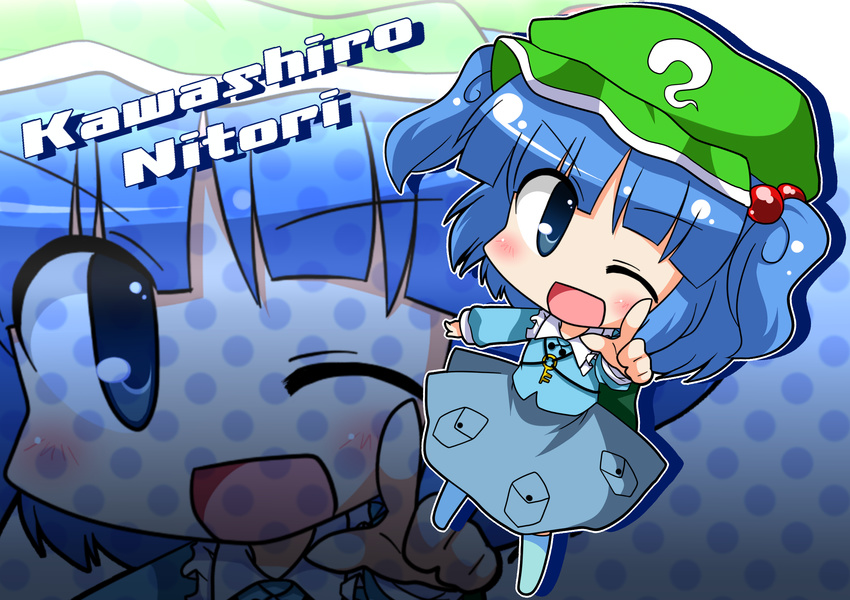 ayu_(iyokanya) bad_id bad_pixiv_id blue_eyes blue_hair blush_stickers character_name from_above hair_bobbles hair_ornament hat highres kawashiro_nitori key one_eye_closed pointing solo touhou two_side_up
