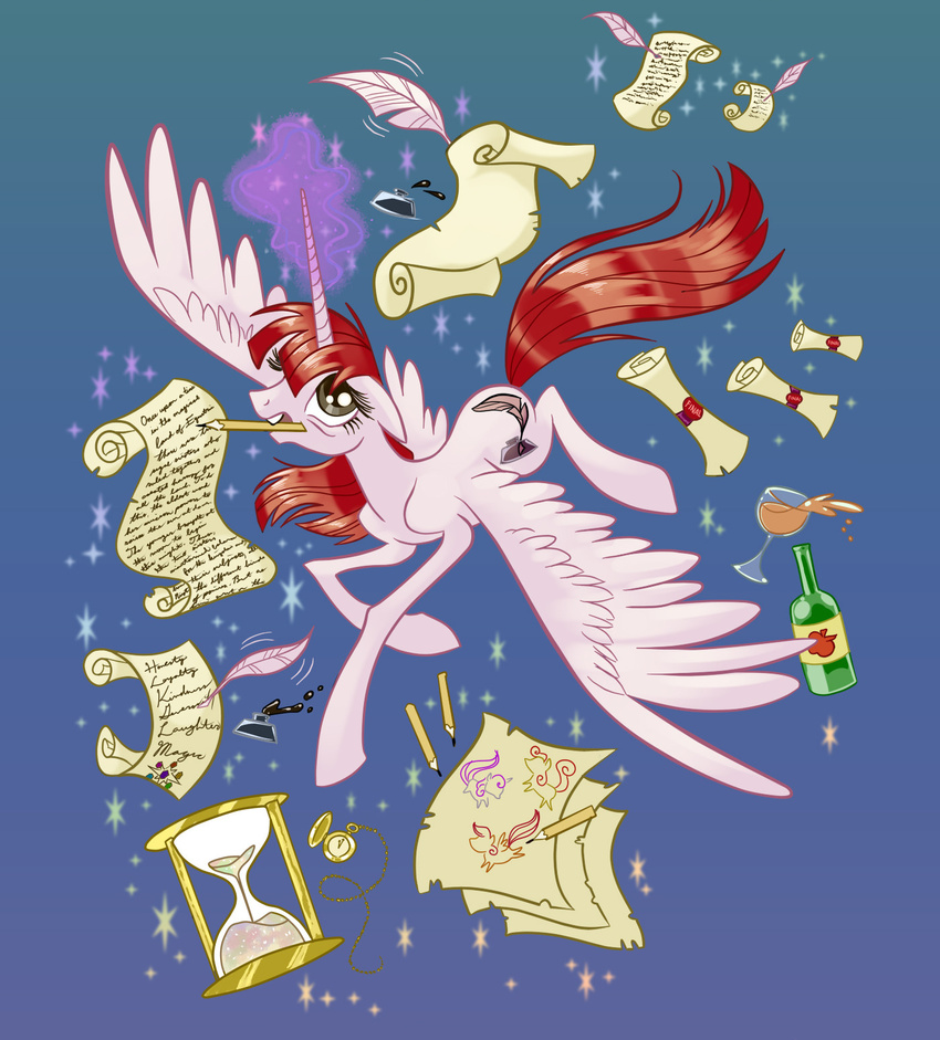 alicorn equine female feral friendship_is_magic glass grey_eyes hair horn horse hourglass ink lauren_faust_(character) lauren_faust_(mlp) long_hair mammal my_little_pony paper pencil plain_background ponification pony quill red_hair scroll simple_background solo watch winged_unicorn wings