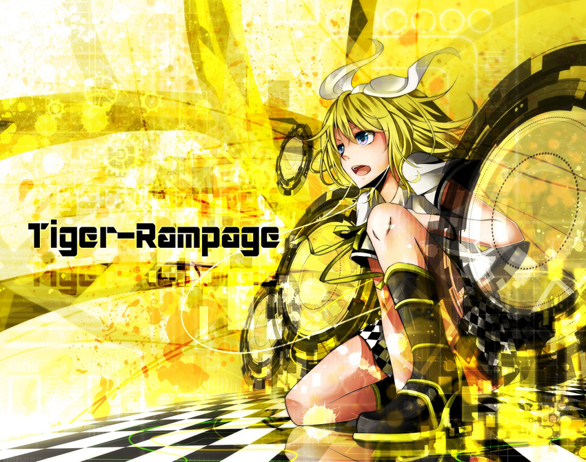 black_skirt blonde_hair blue_eyes boots checkered checkered_skirt hair_ribbon kagamine_rin miniskirt nou pleated_skirt ribbon short_hair skirt solo tiger_rampage_(vocaloid) vocaloid