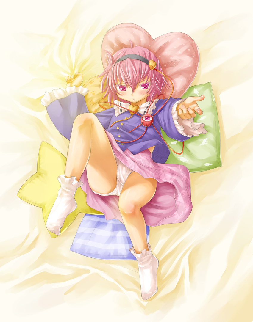 bare_legs bed bed_sheet blush cushion eyeball hairband heart heart_pillow highres kasuga_yukihito komeiji_satori lying miniskirt on_back panties pillow pink_eyes pink_hair pink_skirt reaching short_hair skirt socks solo third_eye touhou underwear white_panties