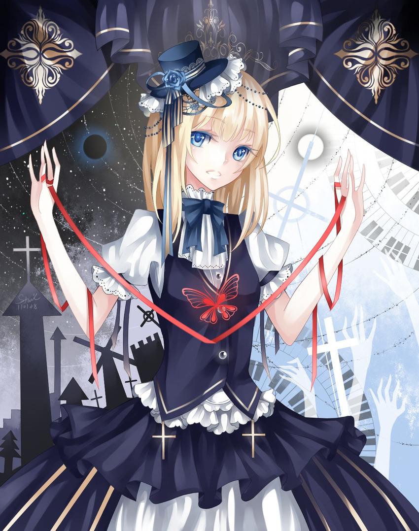 blonde_hair blue_eyes blue_flower blue_rose bug butterfly cross curtains dress flower frills gathers hat highres insect lace long_hair looking_at_viewer open_mouth original ribbon rose solo stari top_hat