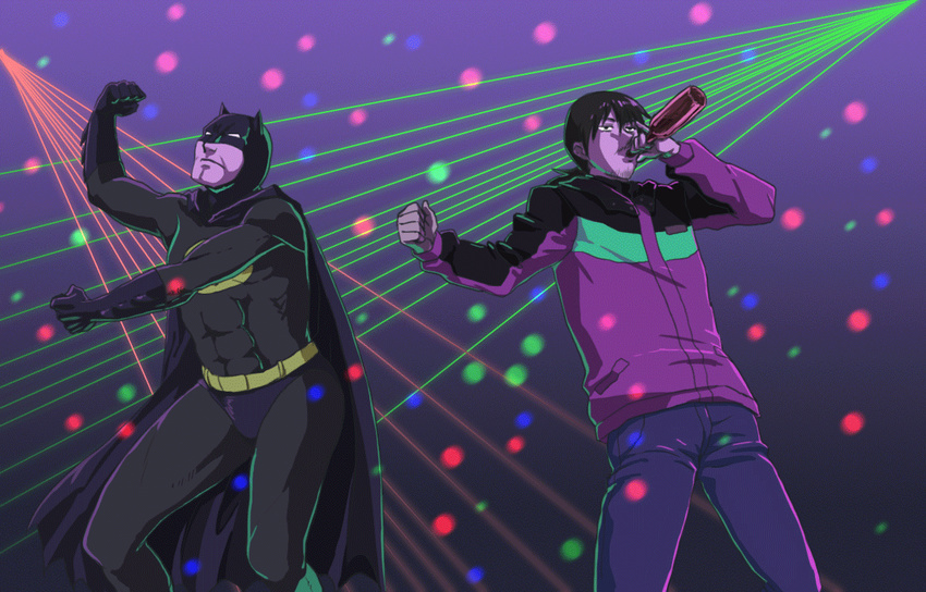 alcohol animated animated_gif batman batman_(series) beer crossover dancing darker_than_black drawfag hei lights male_focus multiple_boys party ponytail the_monkey what