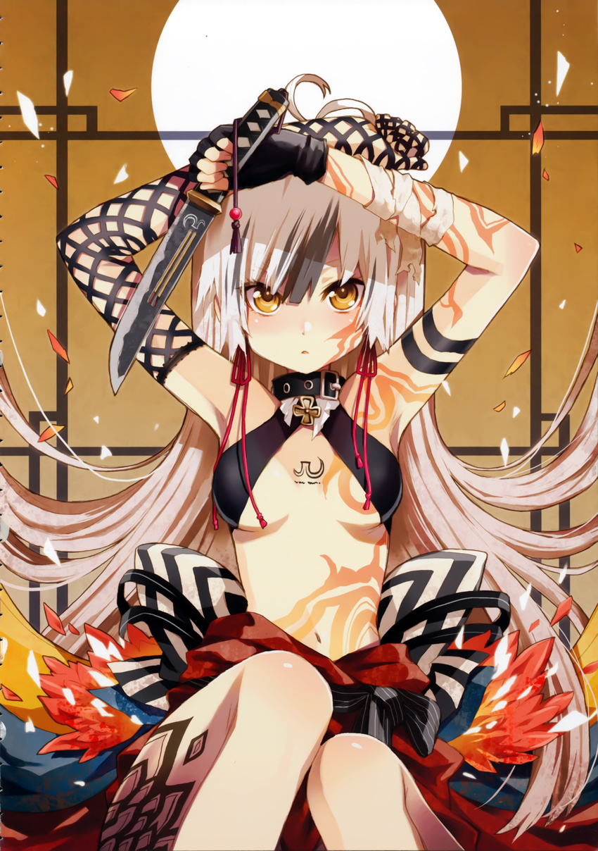 absurdres armpits arms_up bow breasts chiba_sadoru collar criss-cross_halter cross fingerless_gloves full_moon gloves halter_top halterneck highres knife long_hair moon original petals sitting small_breasts solo tattoo weapon white_hair yellow_eyes