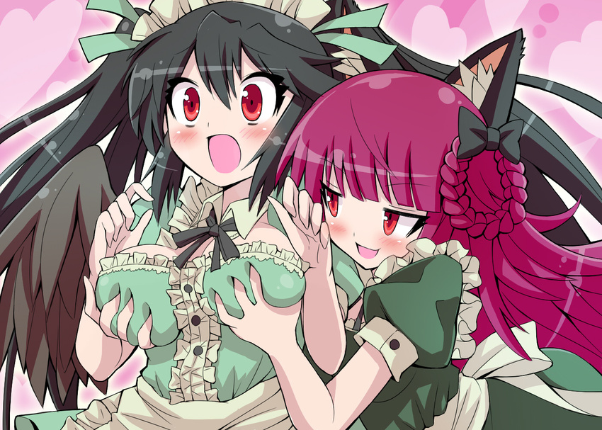 :o alternate_costume alternate_hairstyle animal_ears black_hair blush bow braid breast_grab breasts cat_ears commentary_request deep_skin enmaided givuchoko grabbing groping hair_bow heart jitome kaenbyou_rin large_breasts long_hair maid maid_headdress multiple_girls naughty_face open_mouth pervert pink_hair red_eyes reiuji_utsuho smile surprised surprised_arms touhou twintails wide-eyed wings yuri