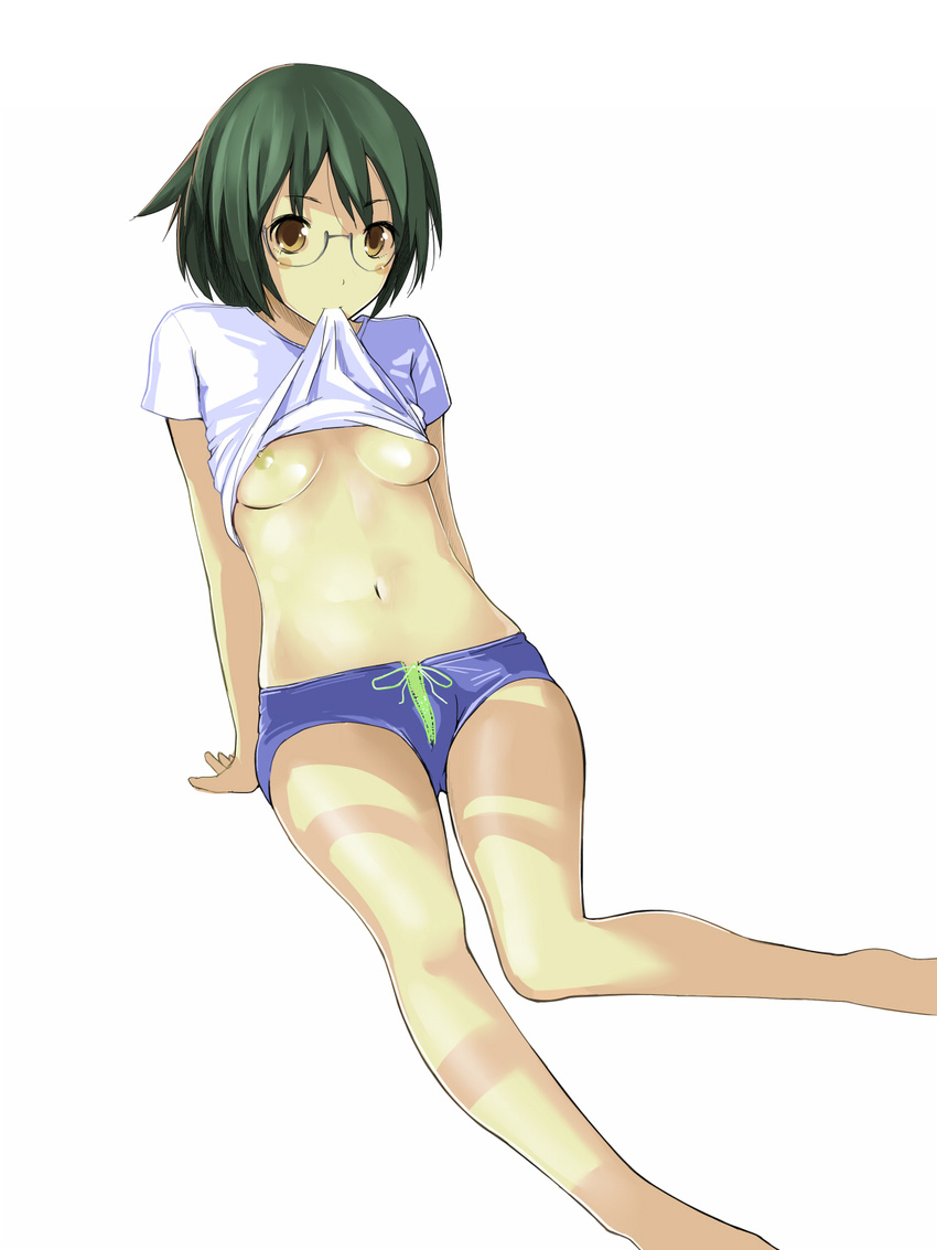 arm_support breasts brown_eyes glasses green_hair highres hitori_(htr_t) looking_at_viewer mouth_hold navel nipples no_bra original shirt shirt_lift short_hair short_shorts shorts simple_background small_breasts solo t-shirt